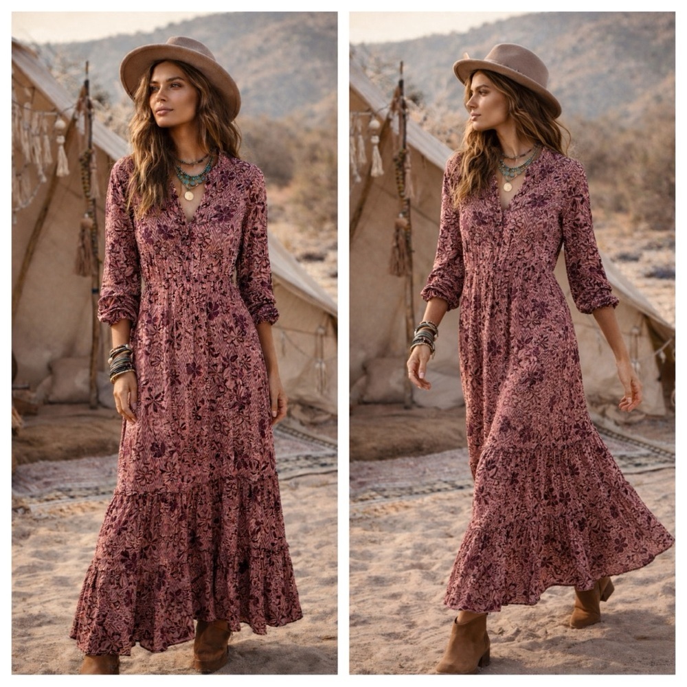 RYEGRASS Boho Floral Midi Dress | Long Sleeve Tiered | Festival Fall Cottagecore